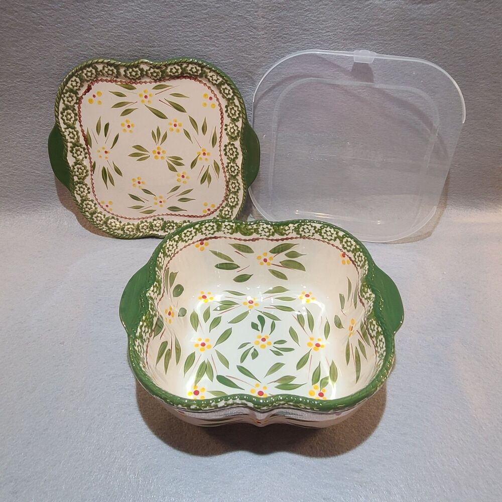 Temptations by Tara Green Floral Ruffled Edge Bowl With 2 Lids Never Used